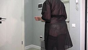 Plump milf tries sexy bodysuit on big boobs butt in mirror