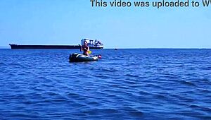 Volga river boat ride turns erotic as mature bikini babe poses outdoors