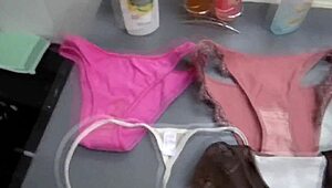 Wife catches me exploding cum loads into her worn panties nonstop masturbation