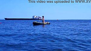 Volga river boat ride turns erotic as mature bikini babe poses outdoors