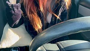 italian artemisia love flashes big tits and hard nipples in solo car ride