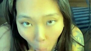curious asian babe pov deepthroat sloppy blowjob then fucked hard for huge facial cumshot cum covered
