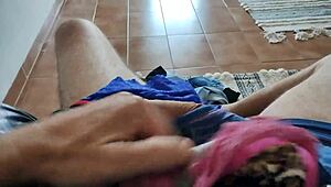 Hubby flashes panties jerks off for me before fan job outing.