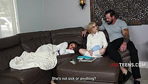cute glasses nerd stepdaughter fucks stepdad obediently to distract him