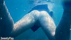 swimming underwater after creampie cum fills her fat chubby milf pussy at the pool