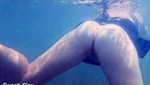 swimming underwater after creampie cum fills her fat chubby milf pussy at the pool