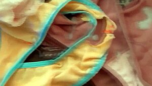 Wife catches me exploding cum loads into her worn panties nonstop masturbation