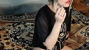 stepsis puffing cigs with no panties flashing her asian pussy 😈💨