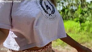 the wifey sneaks braless flashing her huge tits everywhere in public outdoors