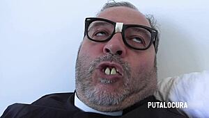 Busty student Quetzal gulps down Padre Damian's thick load