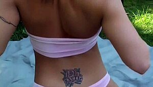 Young 18+ Bitch in Garden Towel Begs Man to Fuck Mouth Ass Pussy and Big Tits