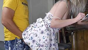 Plumber fingers my tight wet shaved pussy skirt up till squirting hard