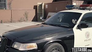 big tits milf cop straps on a huge cock to punish that tiny 18+ teen 18+ criminal's hairy pussy and ass