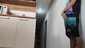 Risky kitchen fuck with friend's huge cock while husband showers nearby