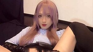 Pink haired crossdresser shoves vibe deep into tight asshole masturbating wildly