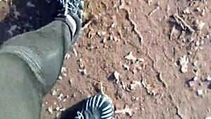 german chick struts in new barefoot shoes outdoors leggings tight