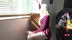 blonde model trapped post-shoot takes sneaky fucking while oblivious to tall fetish intruder