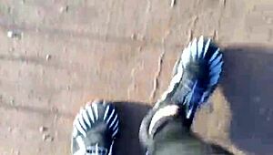 german chick struts in new barefoot shoes outdoors leggings tight