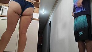 Risky kitchen fuck with friend's huge cock while husband showers nearby