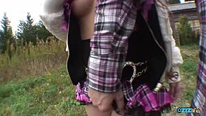 Cute Asian fingered outdoors then sucks cock for creampie on big nipples