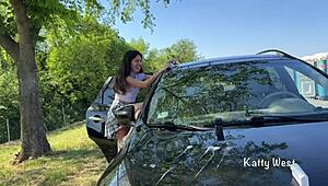crazy girl squirts all over the car roof in public to wipe that windshield clean.