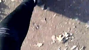 german chick struts in new barefoot shoes outdoors leggings tight