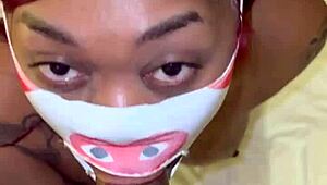 Masked deepthroater craves sloppy ebony blowjob on monster cock