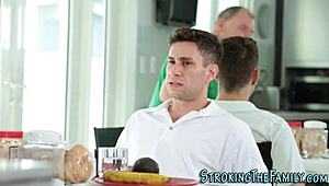 Stepmom's Discreet Under-Table Surprise with Mature Cougar in HD Cumshot Scene