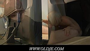 young blonde glasses doctor fucks old patient sucking licking his cock balls