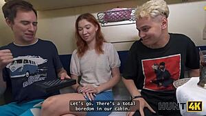 russian redhead's juicy pussy gets roughly claimed by train stranger