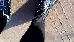 german chick struts in new barefoot shoes outdoors leggings tight