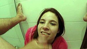 novata sneaks in bathroom sucking monster cock on small tits tight pussy 💦😈