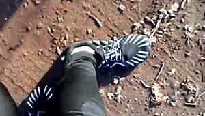 german chick struts in new barefoot shoes outdoors leggings tight