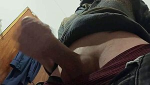 i hear rain patter as i stroke my skinny cock in bathroom mirror happily