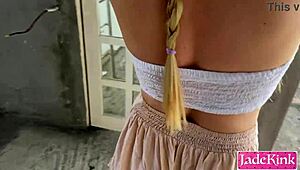 this exhibitionist couple flashes panties then gets bound for rough outdoor creampie domination