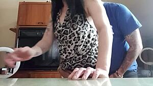 I fuck my pretty wife's wet pussy and natural tits quickie in kitchen before marriage proposal