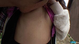 Cute Asian fingered outdoors then sucks cock for creampie on big nipples