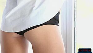 WOW petite MILF amber sym's big natural tits bounce in solo striptease!