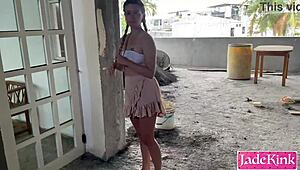 this exhibitionist couple flashes panties then gets bound for rough outdoor creampie domination