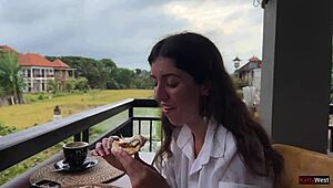 Pizza slice hides cum facial dripping down my chin at cafe table