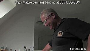 Chubby German mature bends for husband