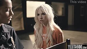 big tits milf cop straps on a huge cock to punish that tiny 18+ teen 18+ criminal's hairy pussy and ass