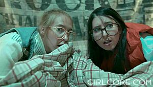 nerdy lesbians in glasses get blindfolded for a science parody with hot milf tribbing