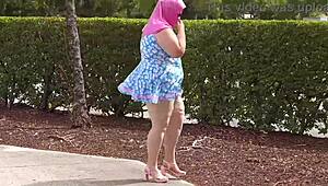 Fat mature bbw pisses and squirts close-up in public park. Her huge dripping pussy flashes juicy bubble butt outdoors