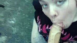 Skinny Brazilian gives milky blowjob dominated in garden by big cock