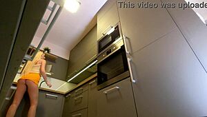 Long Haired Blonde College Coed Lifts Miniskirt in Kitchen Heels Exposing Legs and Ass