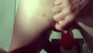 Juicy pussy and ass stretched wide by huge carrots dp