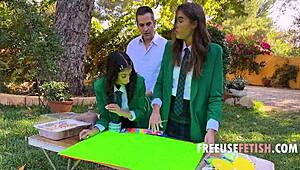 Bookish teens in uniforms get bent over for outdoor teacher threesome freeuse