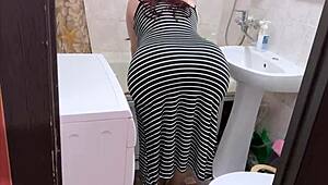 Stepson rams stepmom's ass in bathroom then shoves dick down her throat?