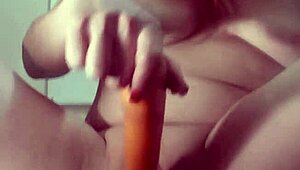 Juicy pussy and ass stretched wide by huge carrots dp